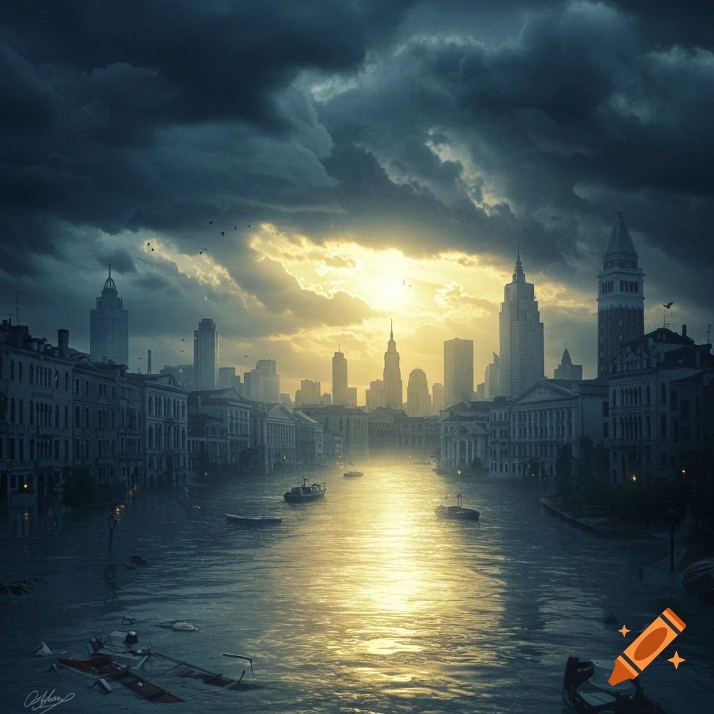 A flooded city at sunset, with old buildings and modern skyscrapers lining a wide canal under dramatic, dark clouds and a bright sun.