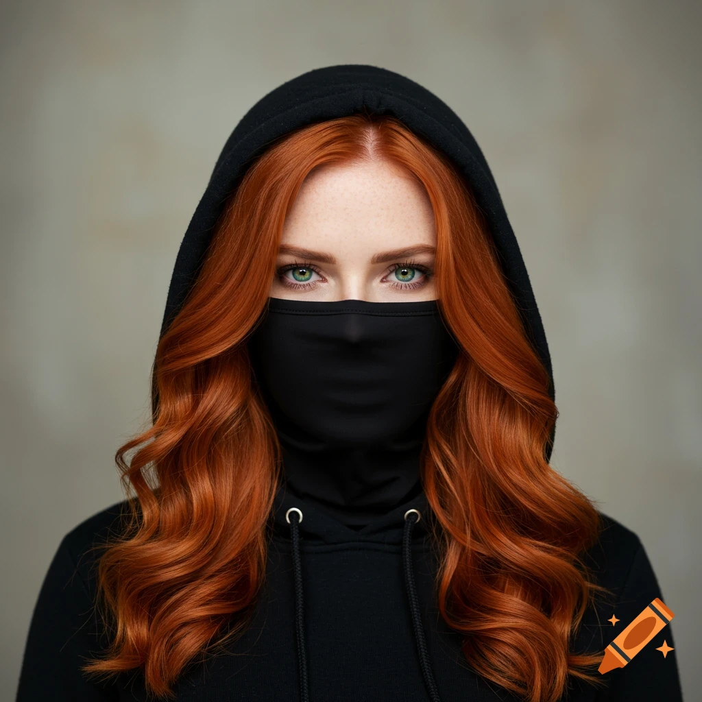 Photorealistic portrait of a redhead woman wearing a black hoodie and a black face mask.