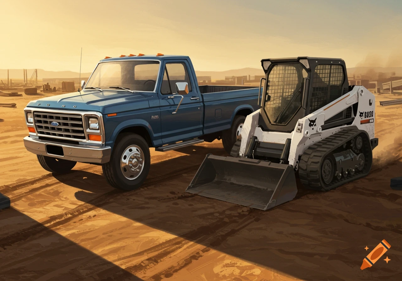 A blue Ford pickup truck parked next to a white Bobcat skid-steer loader on a dirt construction site at sunset.