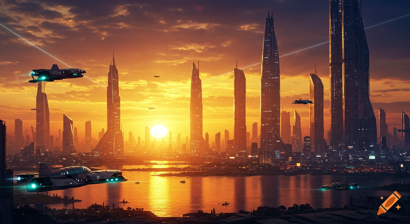 Vibrant digital art of a futuristic city with skyscrapers and flying vehicles at sunset over water.