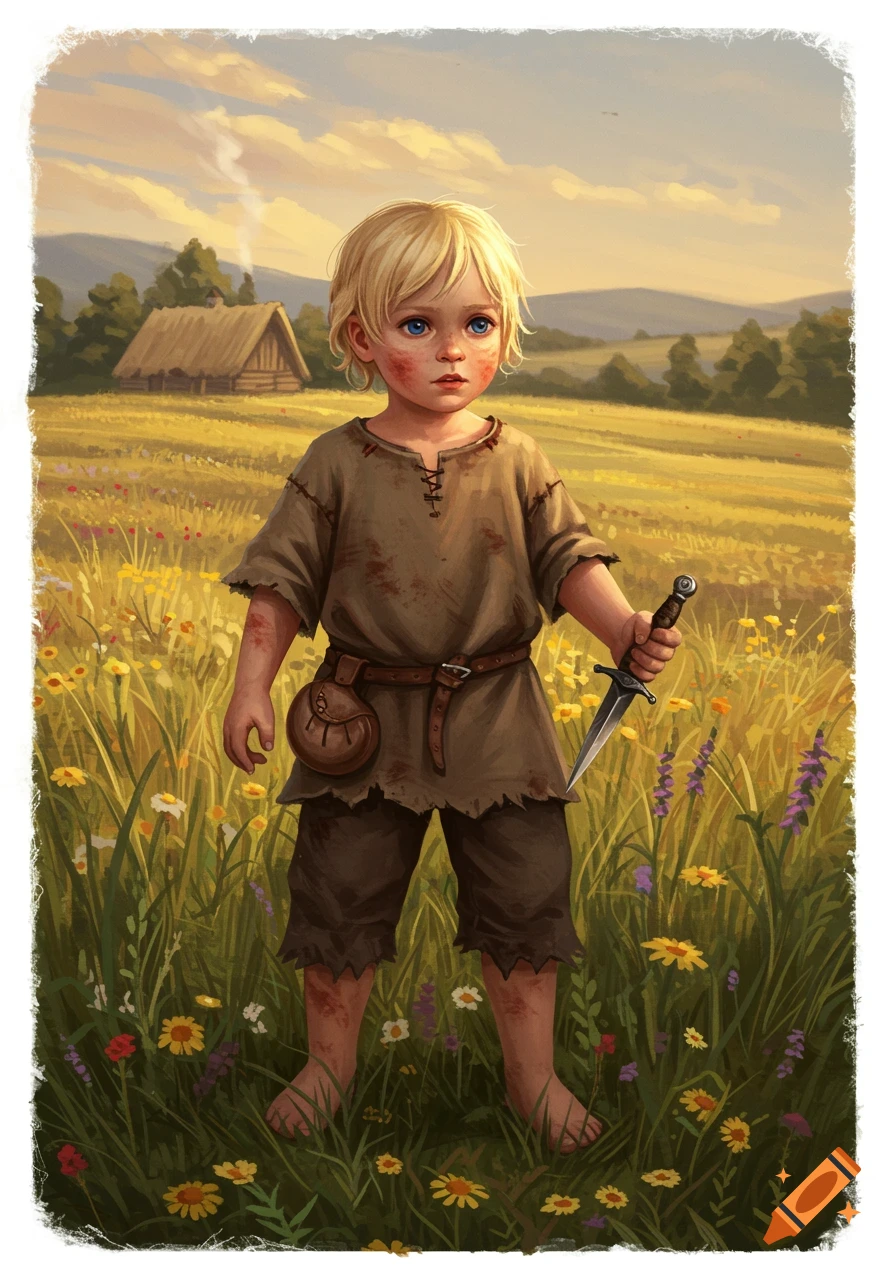 A blonde child in peasant clothes holds a dagger in a field of wildflowers. A rustic hut is in the background. Painterly style.