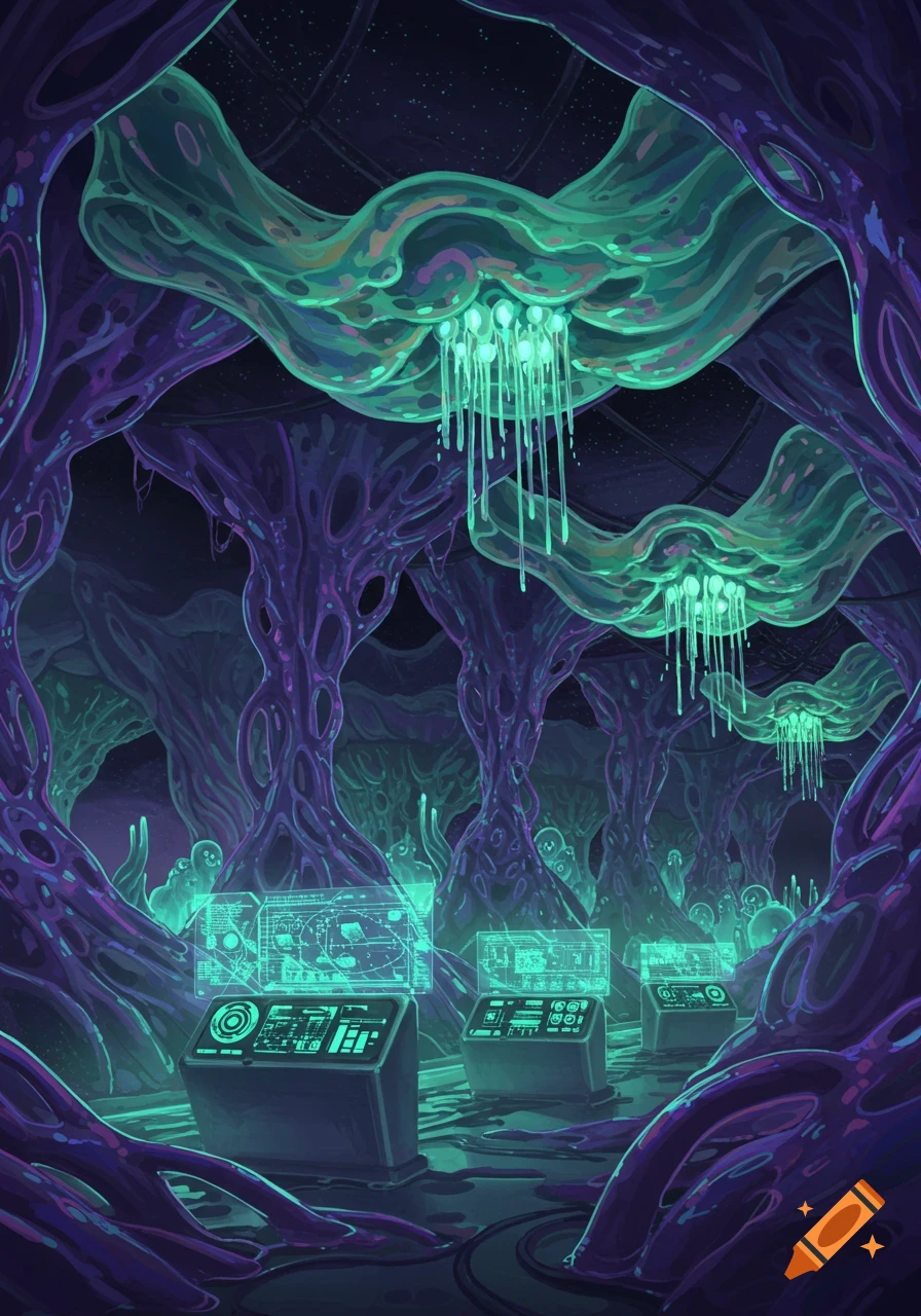 A dark alien landscape with glowing purple organic structures, green bioluminescent jelly, and floating holographic screens.