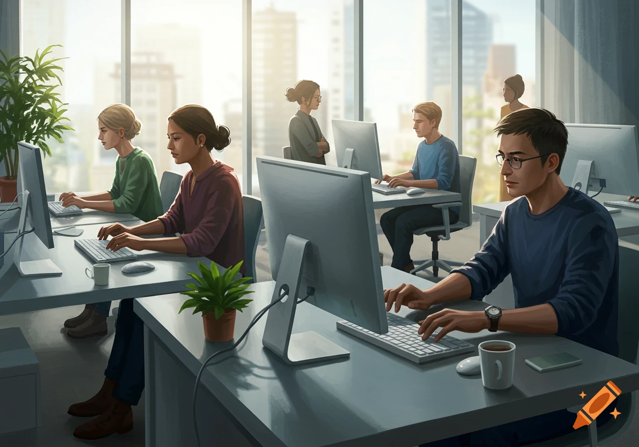 A group of diverse people are working diligently at computers in a bright, modern office with large windows overlooking a city.