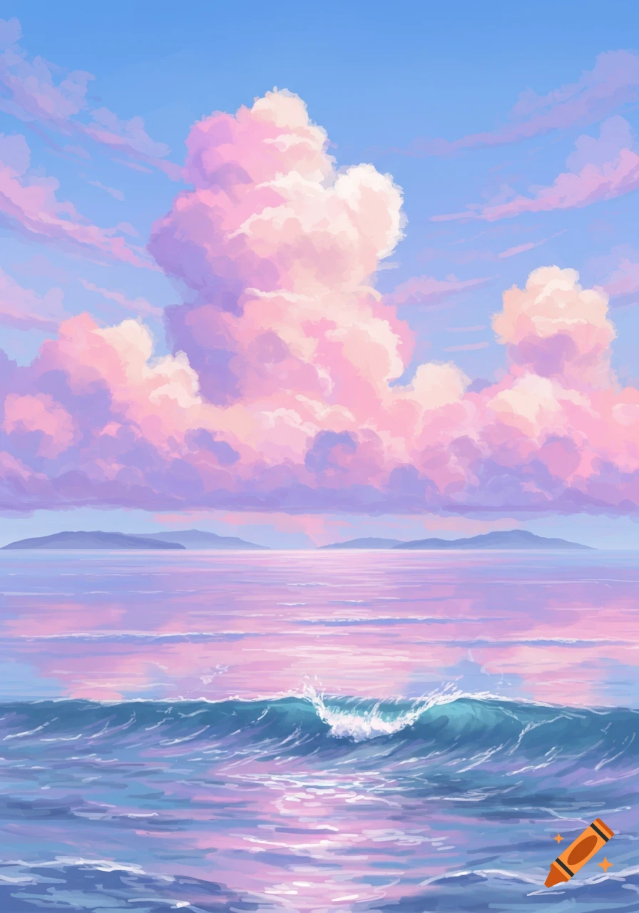 A pastel-colored sky with fluffy pink and purple clouds over a calm ocean with a small wave breaking in the foreground.