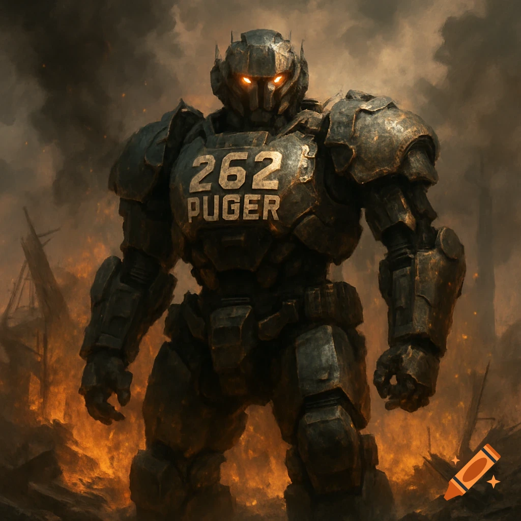 A powerful, armored mech with glowing eyes stands in a ruined, fiery post-apocalyptic battlefield. '262 PUGER' is on its chest.