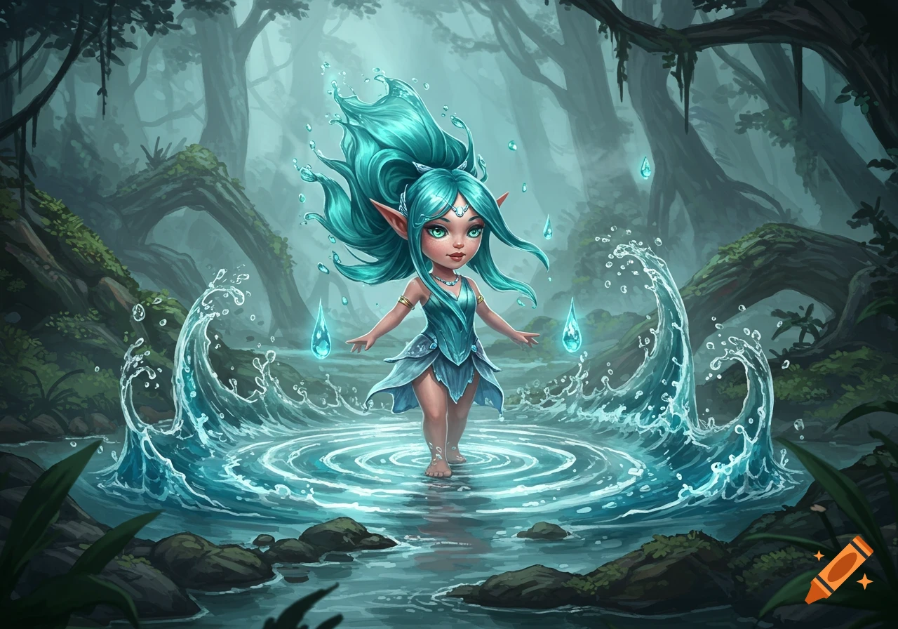 A cartoon-style water mage with teal hair stands in a forest stream, creating water ripples and splashes around her.