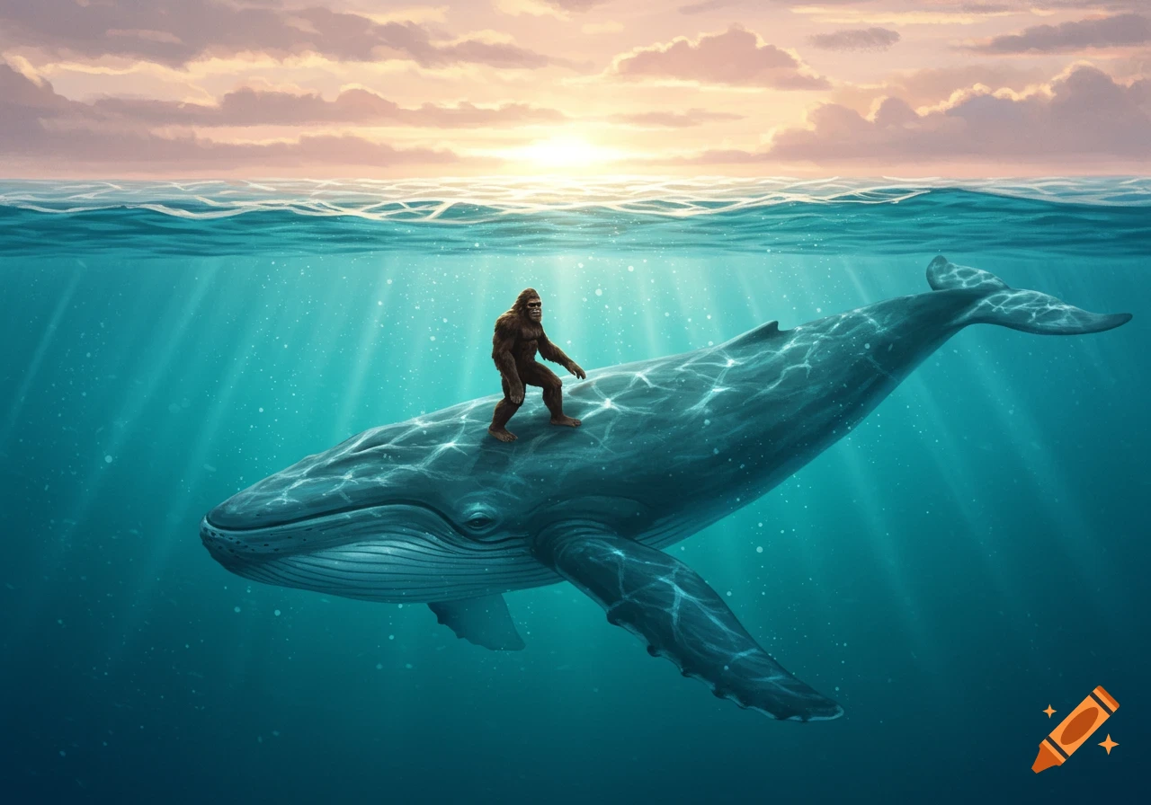 Bigfoot stands on the back of a blue whale underwater, with light rays, and a sunset sky above the ocean surface.