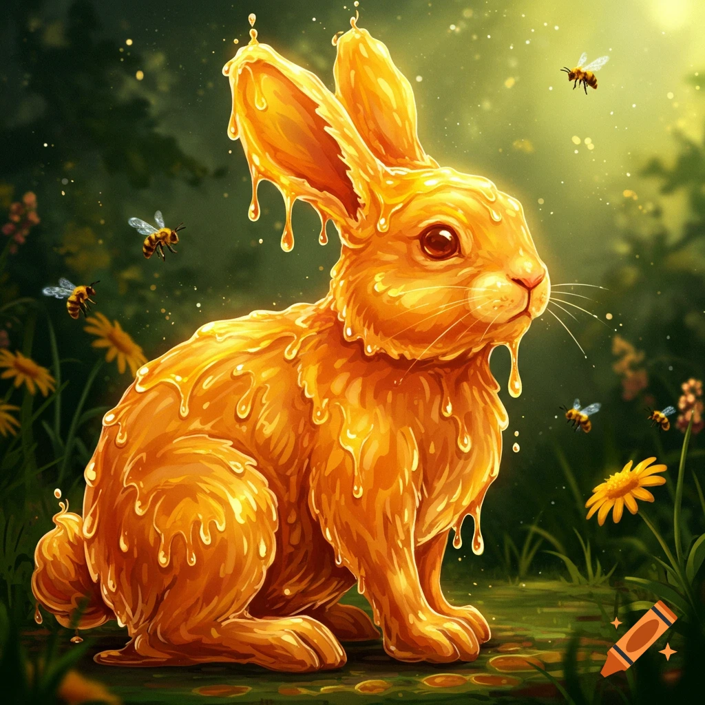A golden honey-covered bunny sits in a lush green forest, surrounded by flying bees and glowing light.