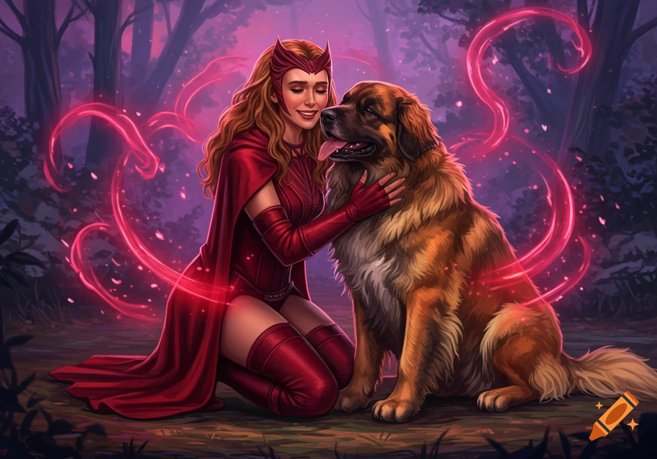 Scarlet Witch in a red outfit kneeling and hugging a large brown Leonberger dog in a mystical forest with pink glowing magic.