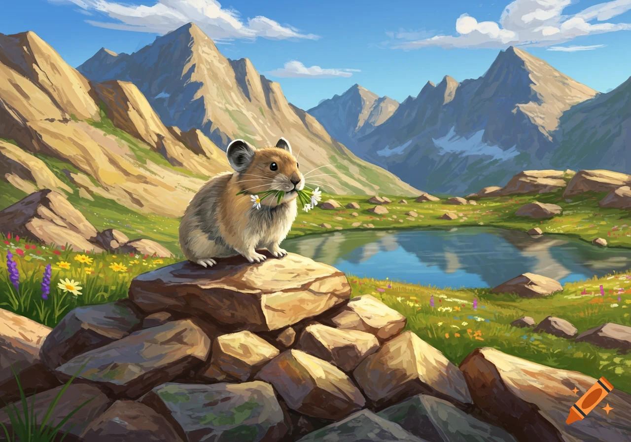 A pika sits on a rock pile with flowers in its mouth, overlooking a lake and mountains under a blue sky.