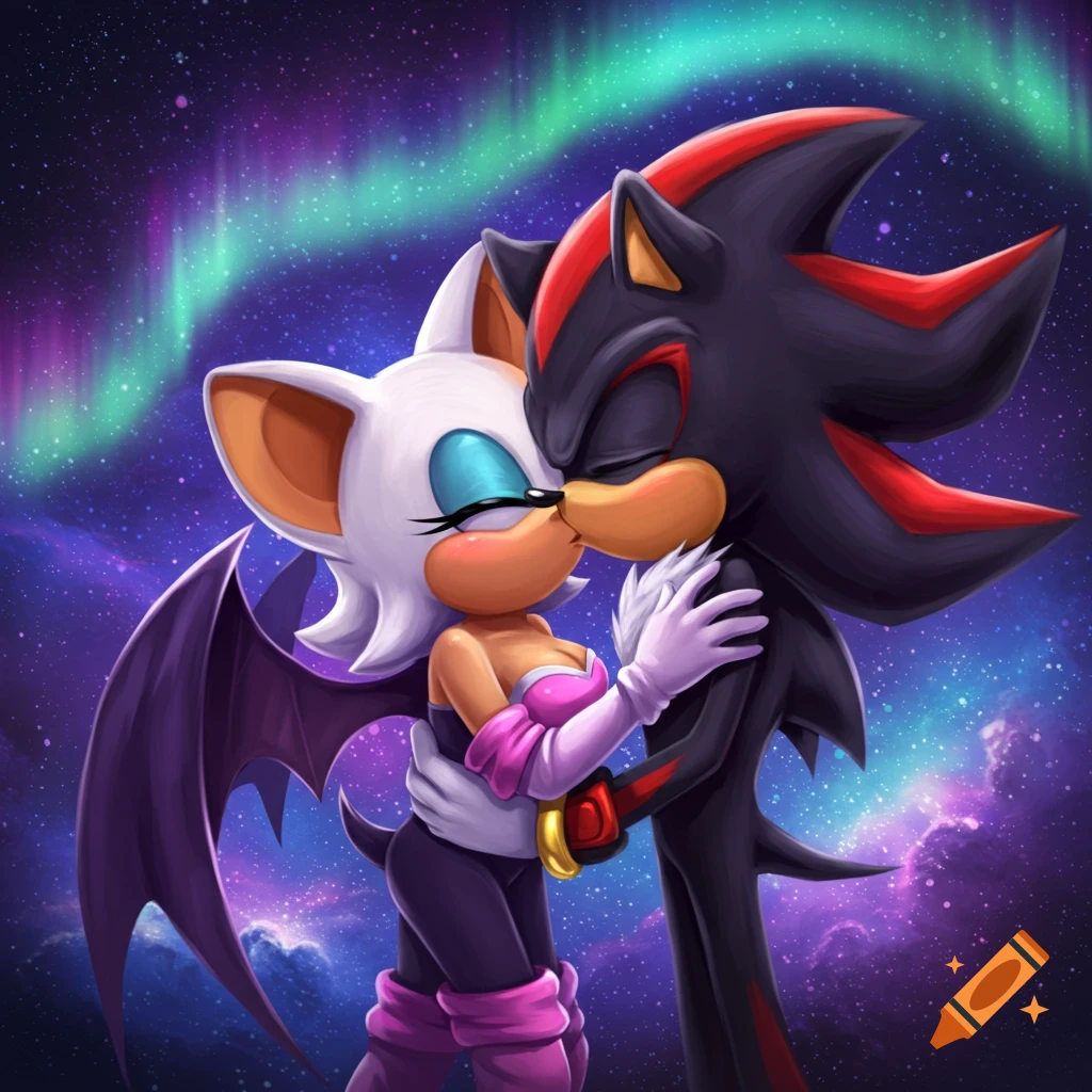 Shadow the Hedgehog and Rouge the Bat share a kiss in space under a colorful aurora borealis, in an anime style.