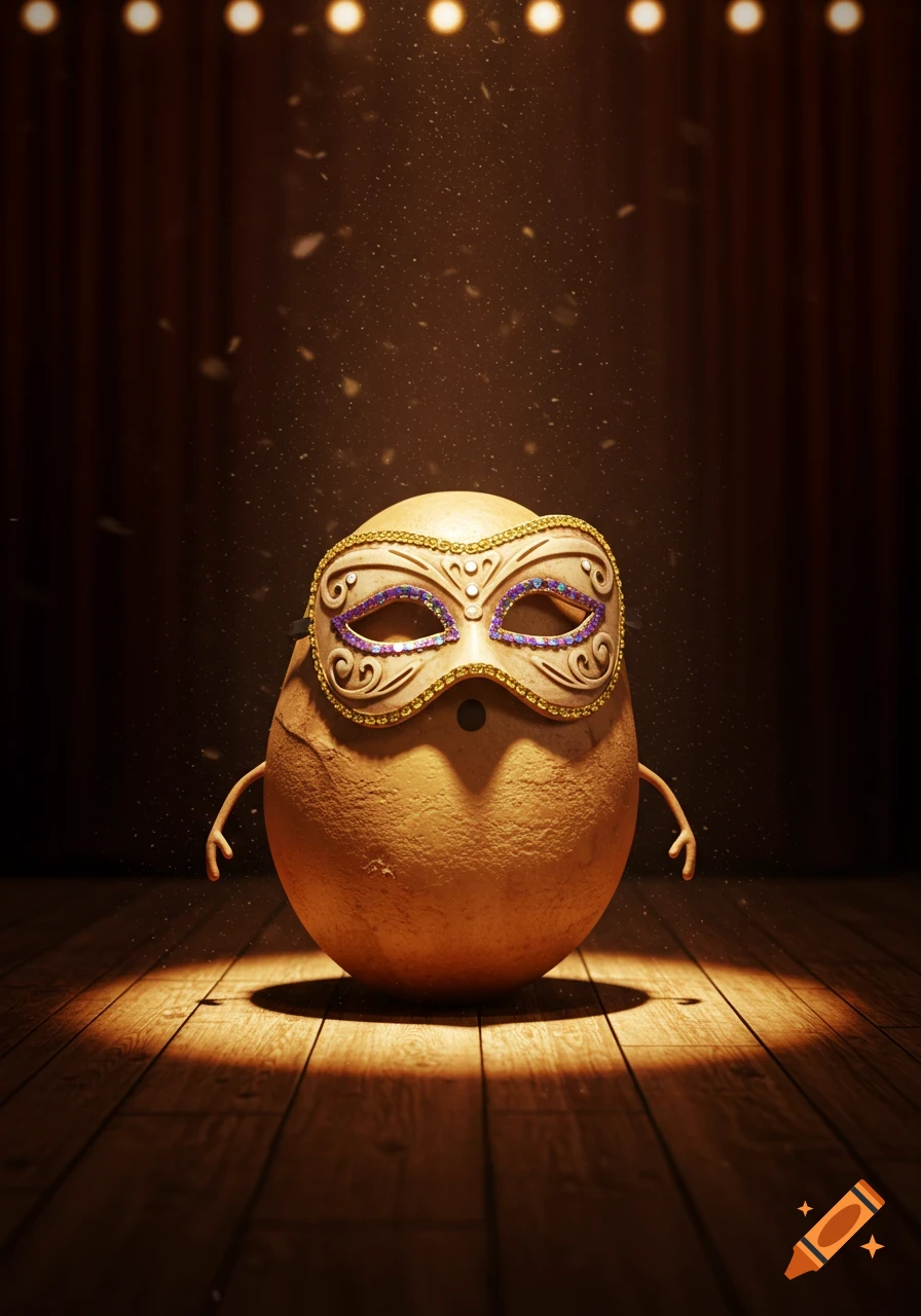 A whimsical potato character wearing a gold and purple masquerade mask stands on a spotlighted wooden stage with dark red curtains.