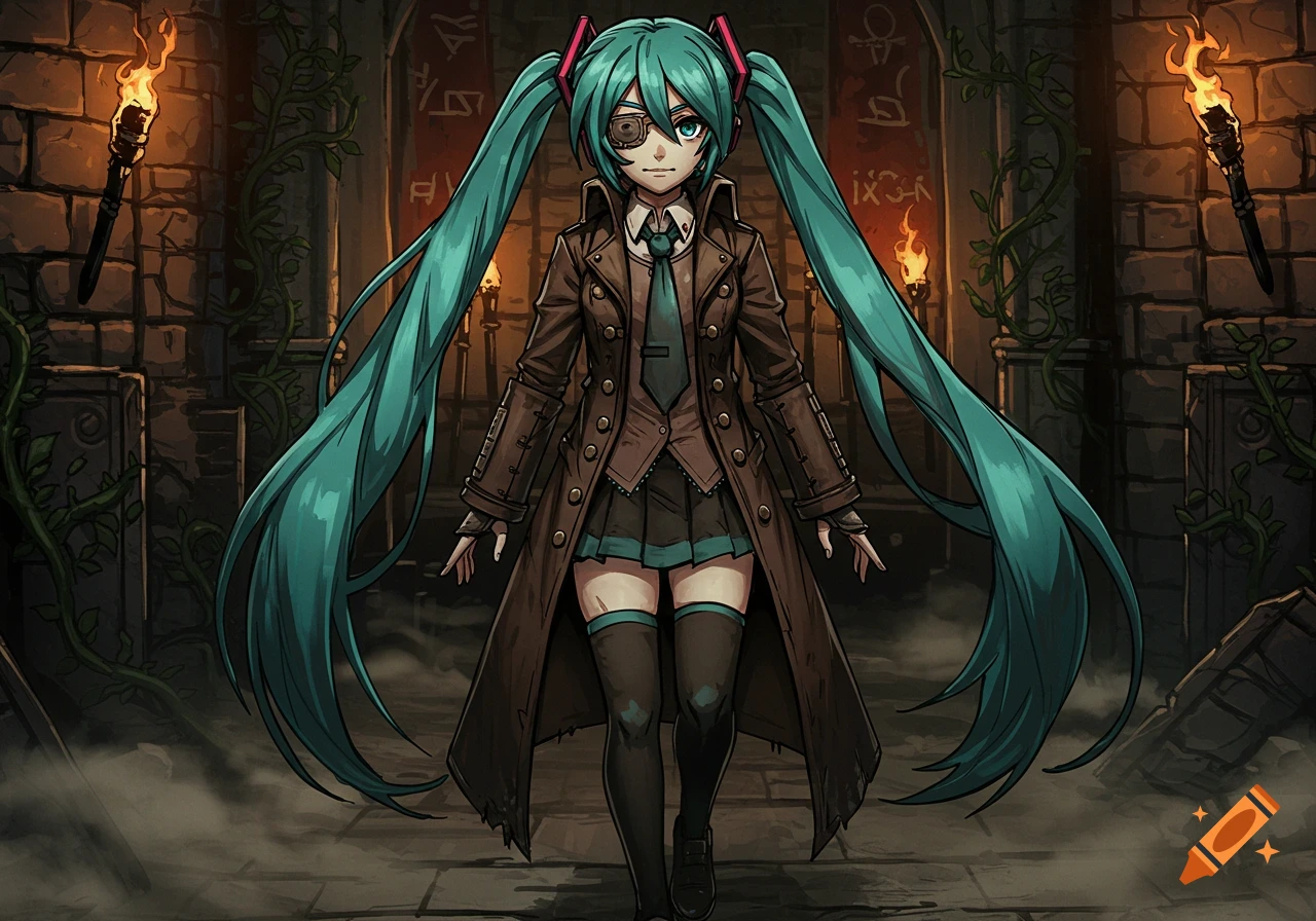 Hatsune Miku in a brown coat with a tie, skirt, socks, and eyepatch, standing in a torch-lit gothic dungeon in Darkest Dungeon style.