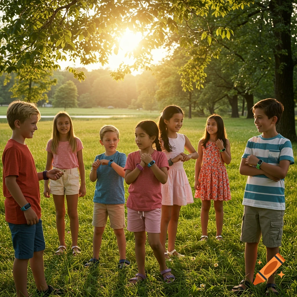 A group of diverse children wearing fitness trackers smile and interact in a sunny outdoor park setting at sunset.