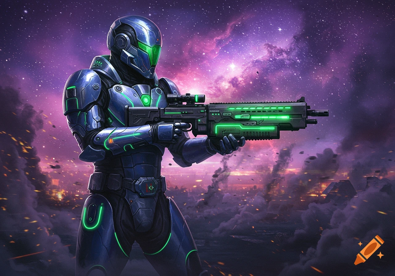 A futuristic soldier in blue and green glowing armor holds a rifle against a vibrant purple nebula and burning cityscape.