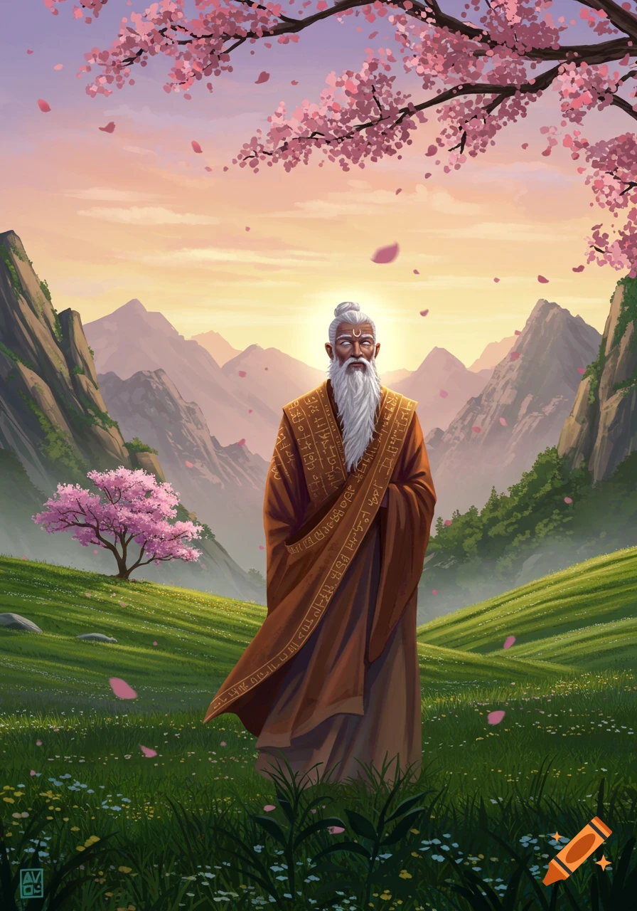 A wise old man with a long white beard and a third eye stands in a vibrant green field with blooming cherry trees and distant mountains at sunset.