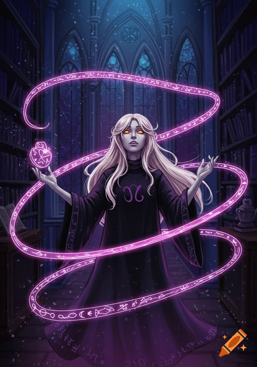 A fantasy illustration of a woman with long blonde hair and glowing eyes, wearing a dark robe, casting purple magic in a gothic library.