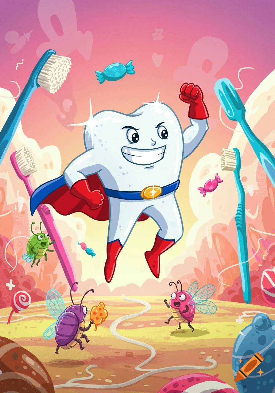 A cartoon superhero tooth flying among toothbrushes and candies, fighting small bug-like creatures in a colorful landscape.
