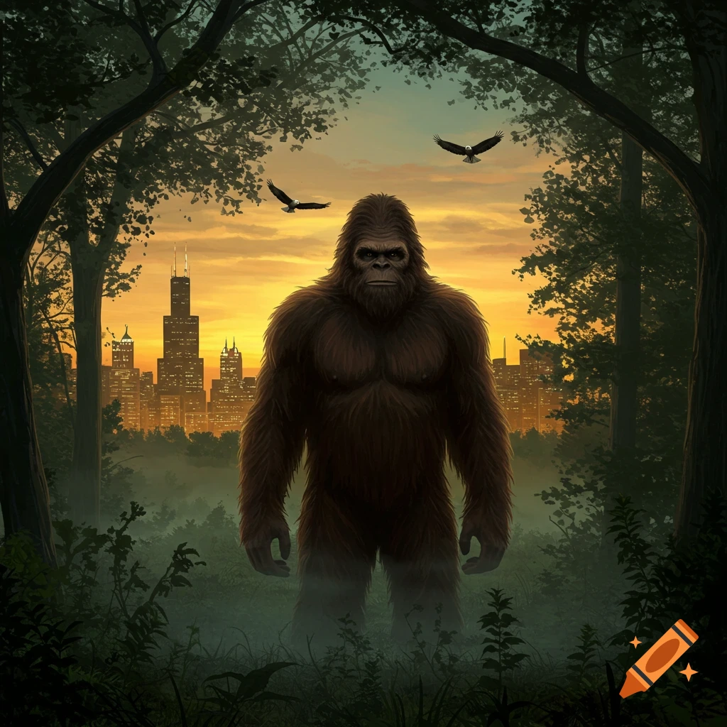 An illustrated Bigfoot stands in a dark forest, with a vibrant orange and yellow sunset illuminating a city skyline and two eagles flying in the background.