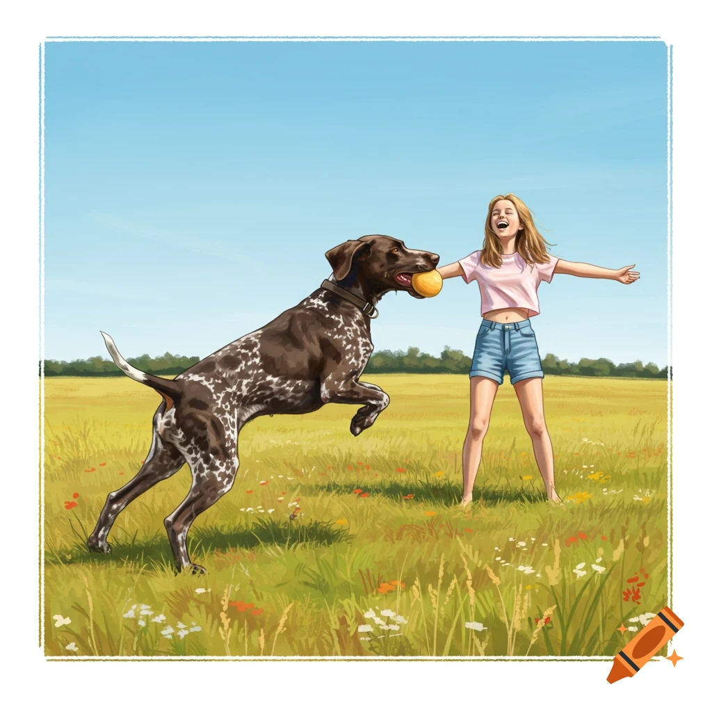 An illustration of a German Shorthaired Pointer dog jumping to catch a ball from a laughing teenage girl in a sunny, grassy field.