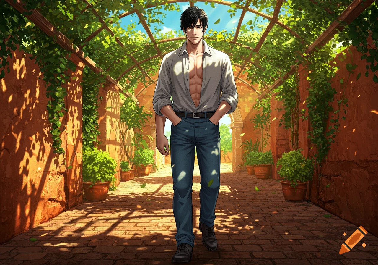 An anime-style man with dark hair, an open white shirt revealing abs, and blue jeans walks confidently through a sun-dappled, vine-covered pergola.