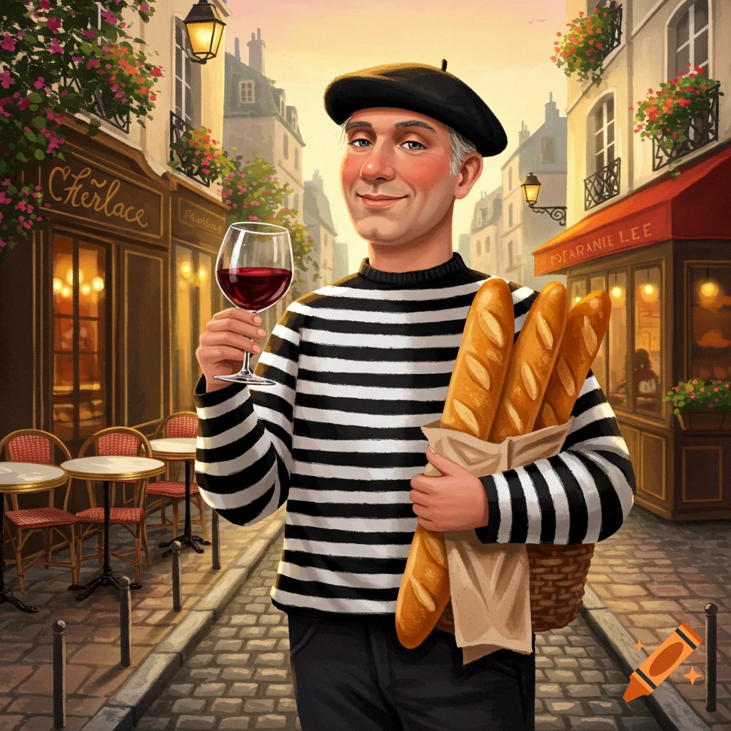 A cartoonish man in a striped shirt and beret holds a glass of red wine and a basket of baguettes on a cobblestone street in a French city.