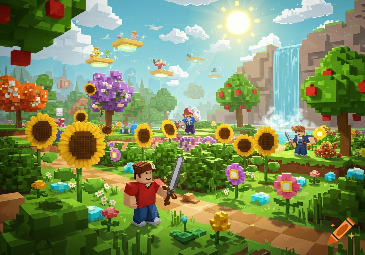 A vibrant blocky garden scene with characters, sunflowers, trees, and a waterfall, in the style of a Roblox game.