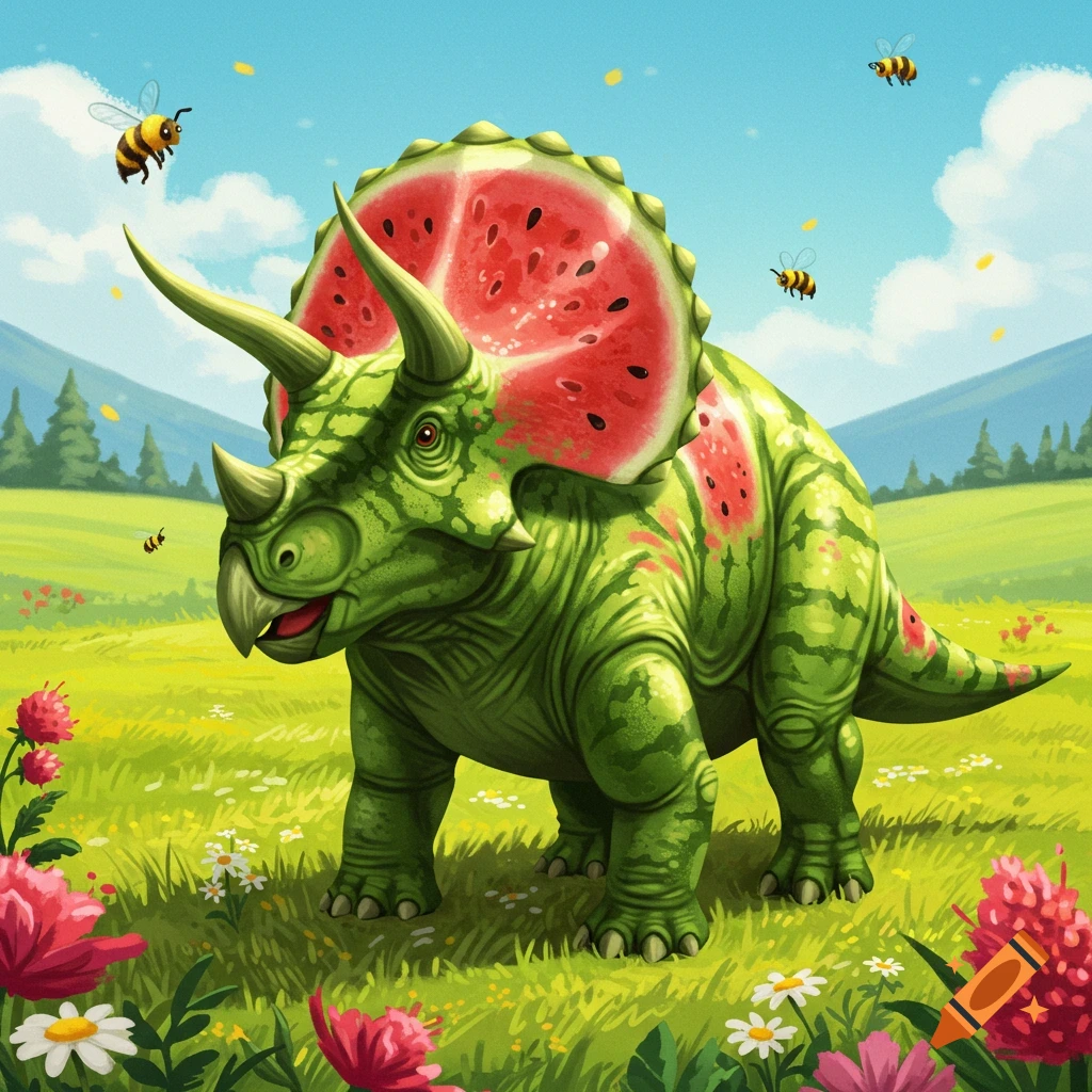 A cartoon triceratops with a watermelon body stands in a sunny, grassy field with flowers and bees.