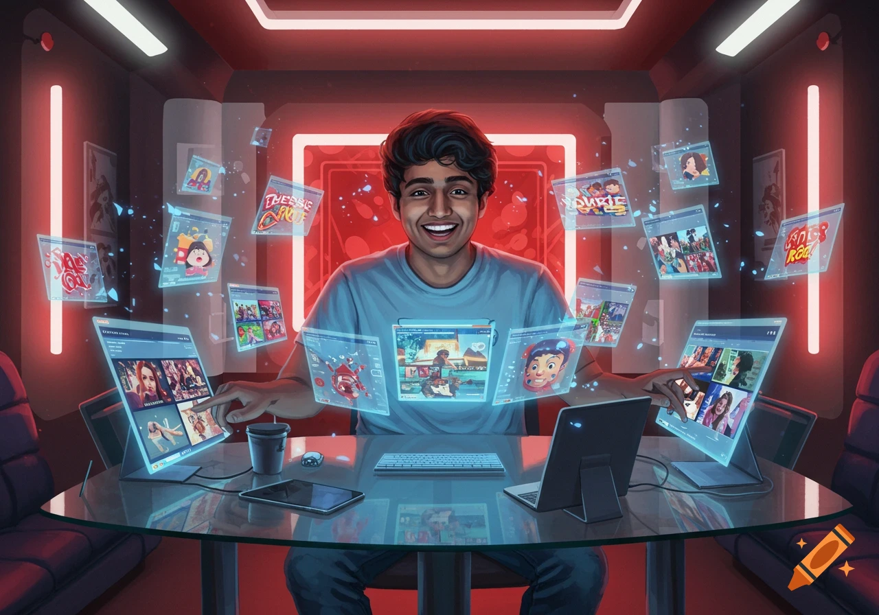 A smiling young man in a futuristic room surrounded by floating holographic screens displaying various digital content and videos, using a tablet and laptop.