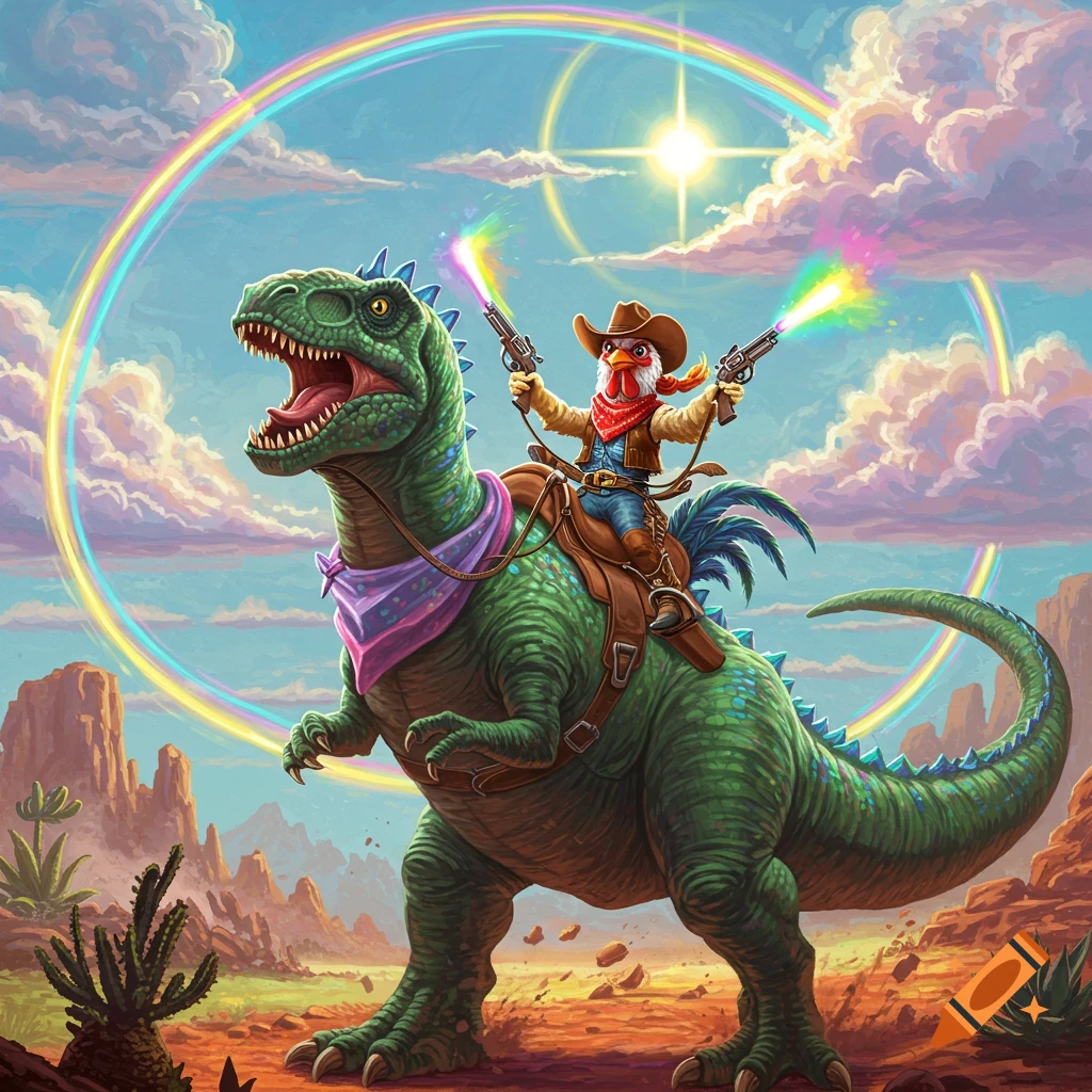 A cartoon chicken cowboy rides a green T-Rex in a desert landscape, shooting rainbow beams from pistols under a rainbow ring and bright sun.