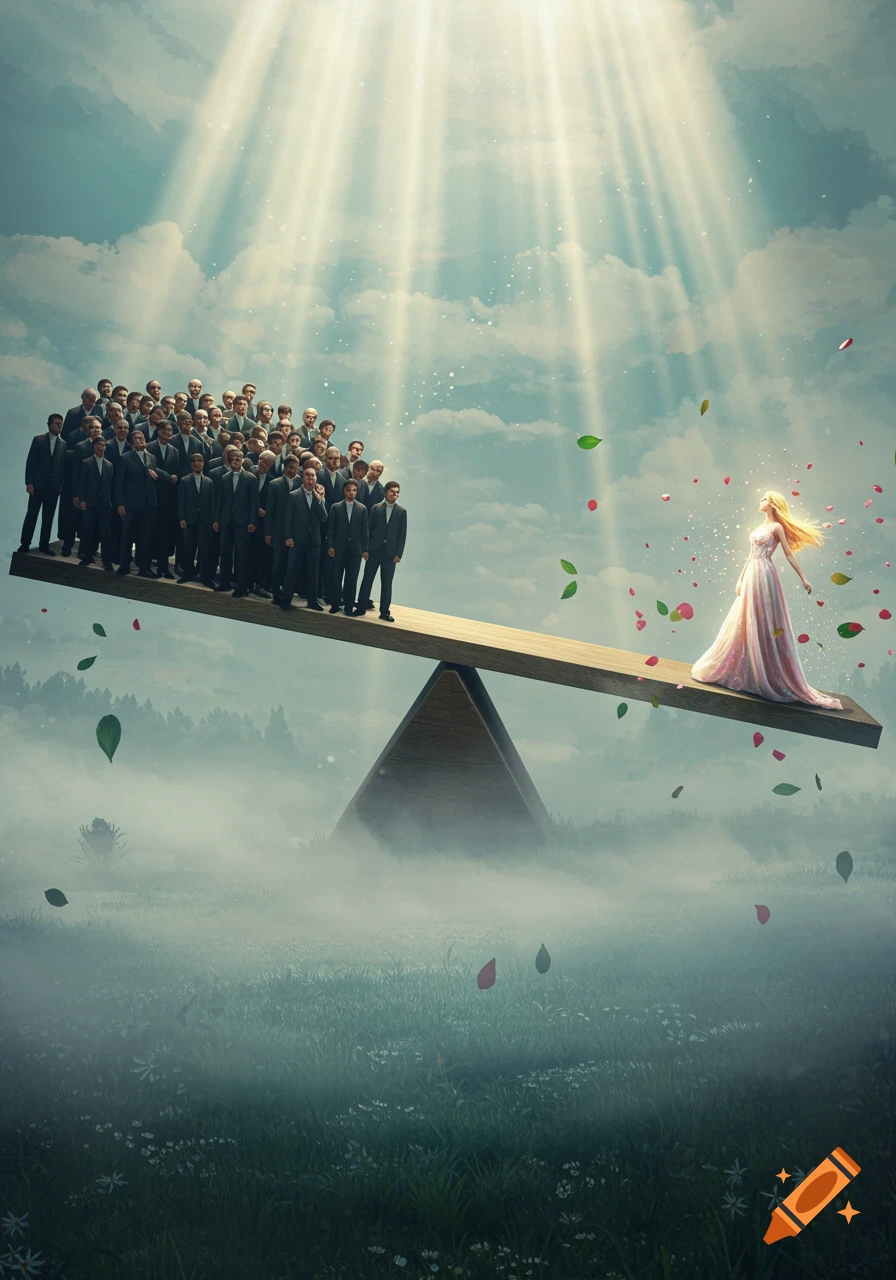 A large group of men on one side of a seesaw and a single woman on the other, elevated against a sky with sun rays.