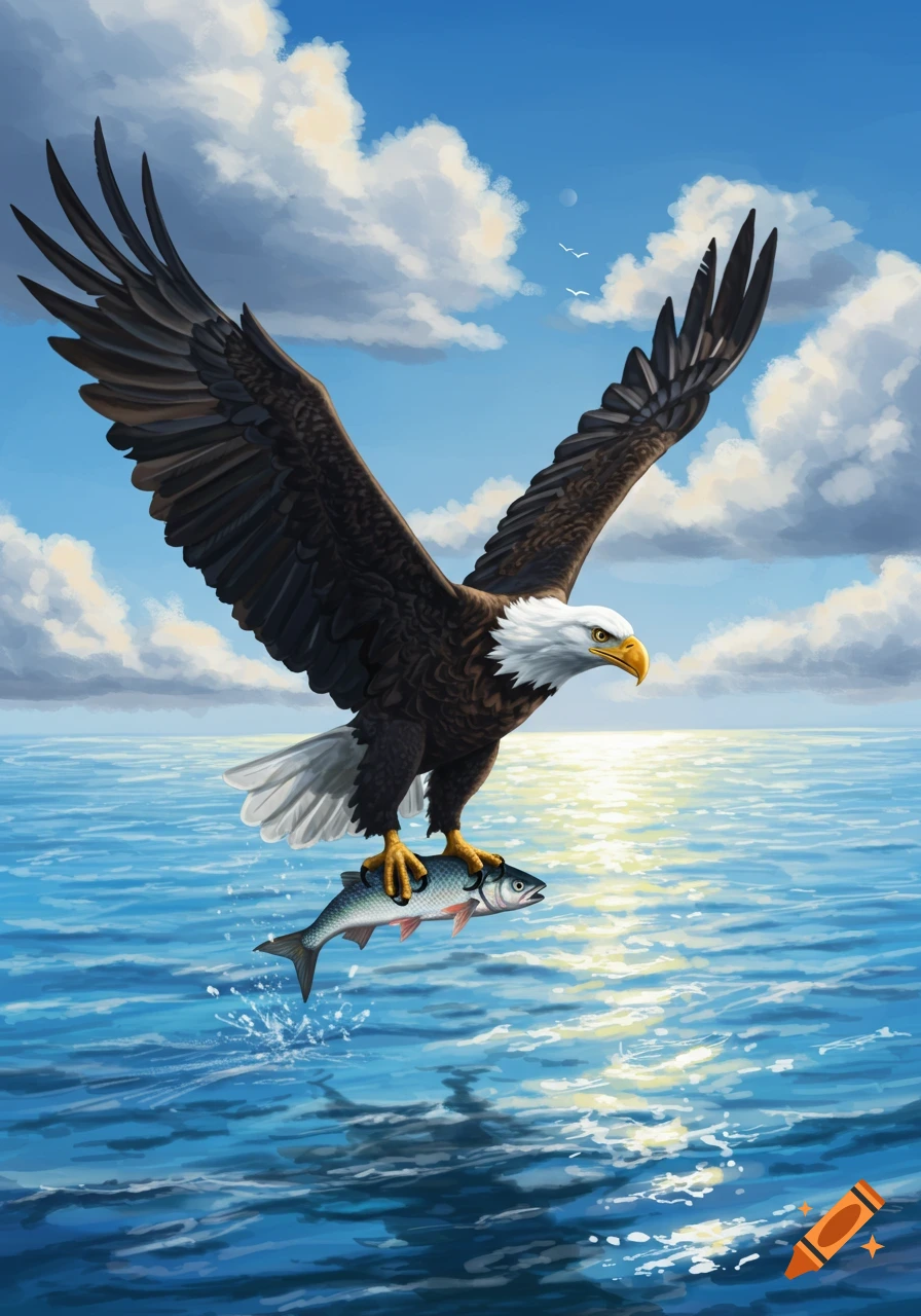 A majestic bald eagle soars over blue water on a sunny day, clutching a fish in its talons, with clouds in the sky.