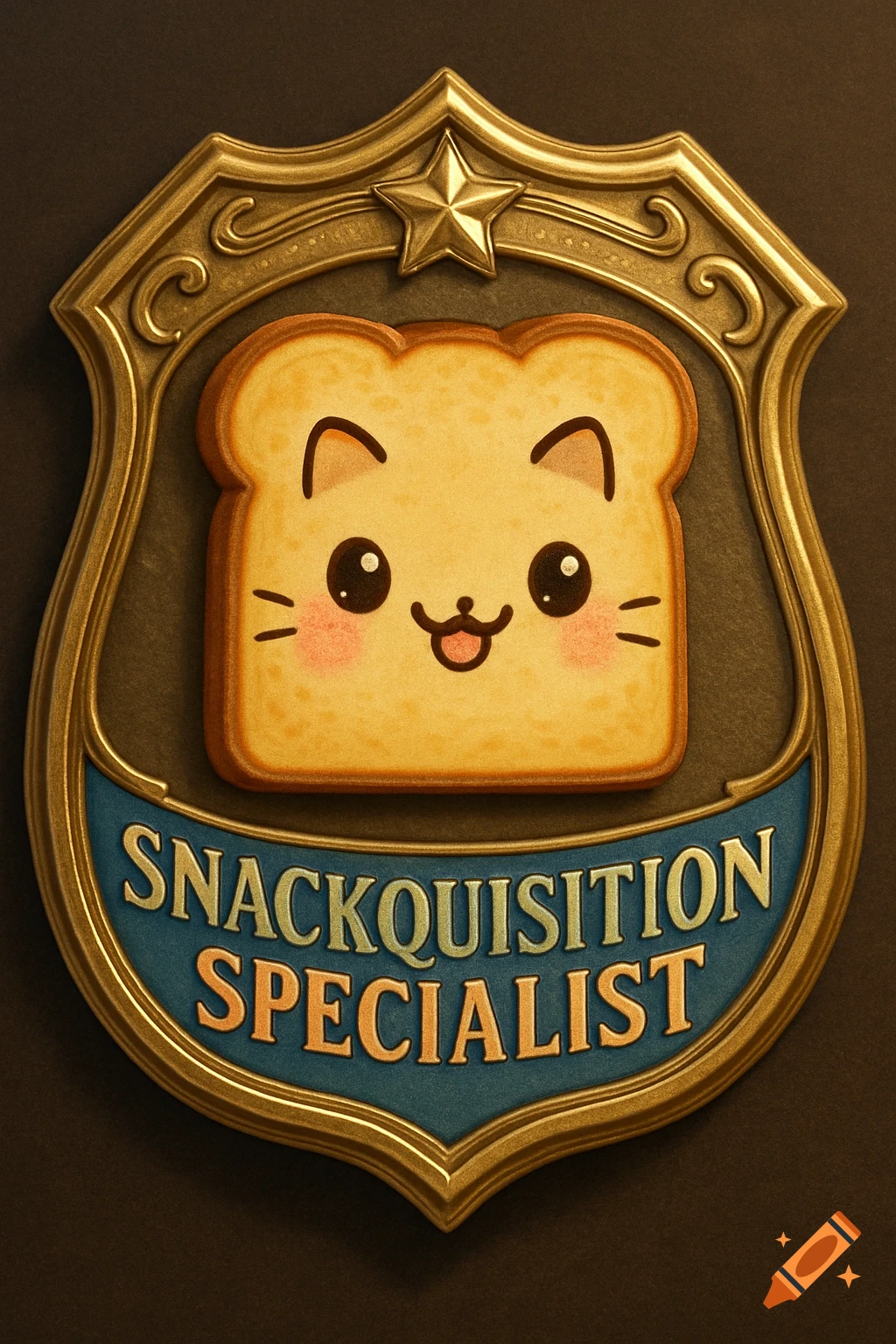 A gold badge featuring a cute cartoon slice of toast with a cat face, with "SNACKQUISITION SPECIALIST" written below.
