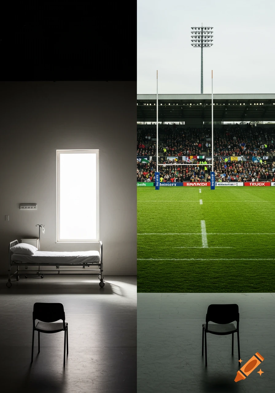 A two-panel split image showing a hospital room with a bed and window on the left, and a rugby field with a goalpost and crowd on the right. Both sides feature a single black chair.