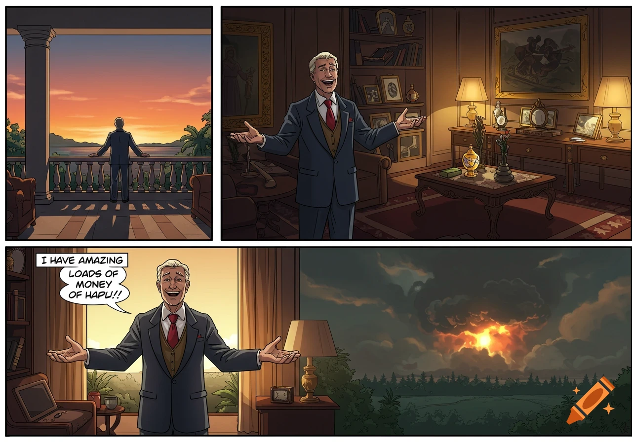 A four-panel comic strip. A man on a balcony at sunset, then indoors, then saying "I HAVE AMAZING LOADS OF MONEY OF HAPU!!", followed by a fiery sky.