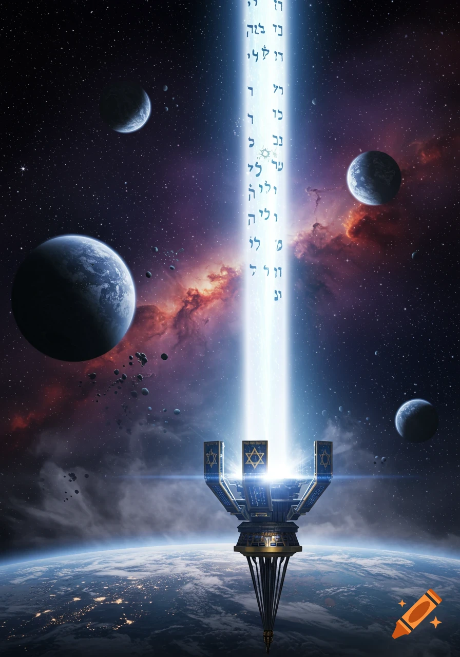 A futuristic space station resembling a menorah floats above Earth, emitting a laser beam of glowing Hebrew-like text into space amidst planets and stars.