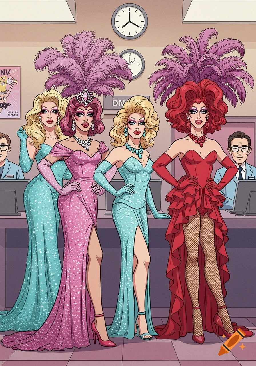 Four drag queens in elaborate gowns and feather headdresses pose in a cartoon DMV office with male employees in the background.