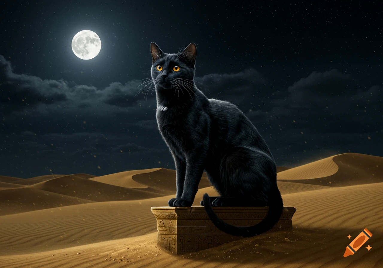 A majestic black cat with glowing yellow eyes sits on a carved pedestal in a moonlit desert under a starry night sky.