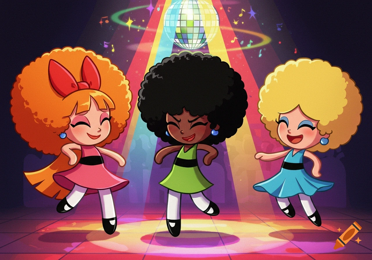 The Powerpuff Girls Blossom, Buttercup, and Bubbles with afros and disco outfits dance under a disco ball.