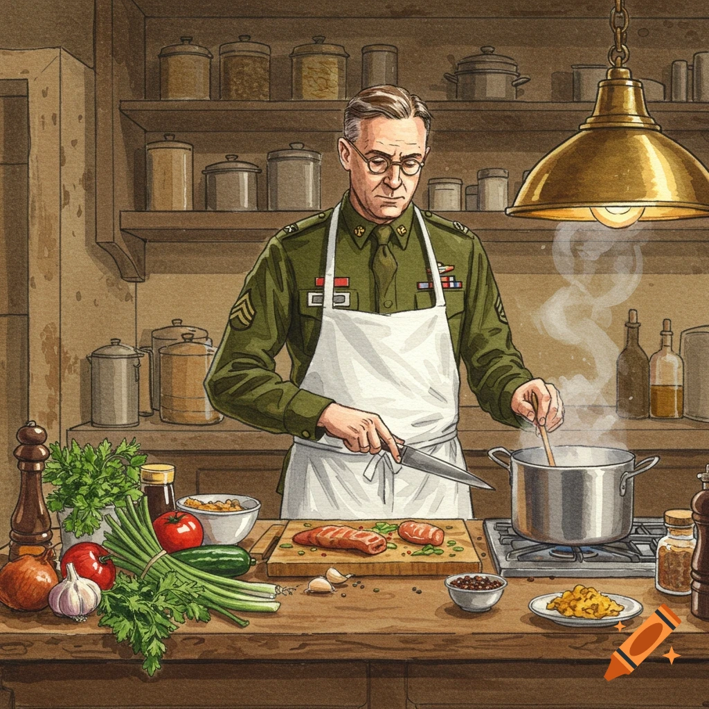 An illustration of an army sergeant in uniform and a white apron chopping meat and stirring a pot in a detailed kitchen scene.