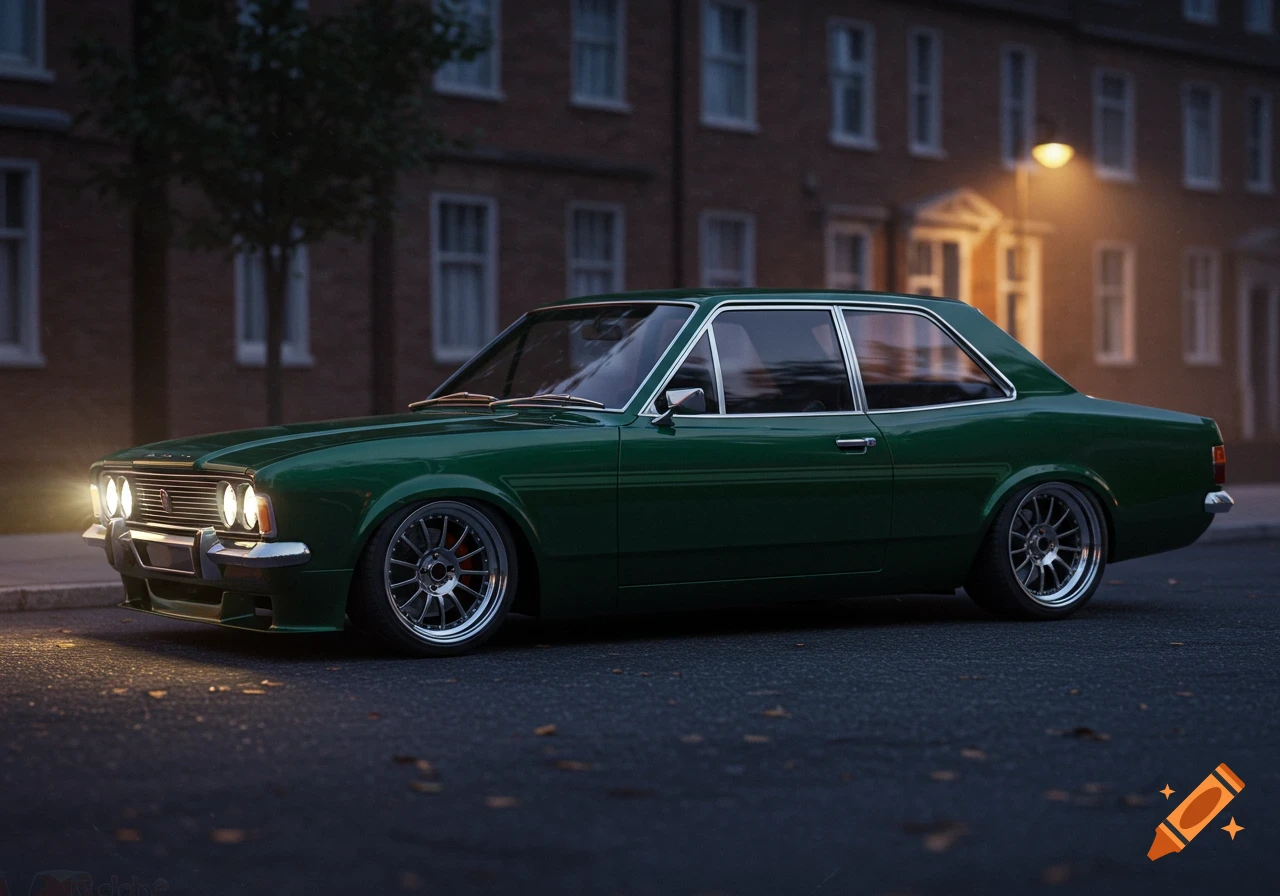 A dark green modified vintage car with bright headlights parked on a dark street at dusk.