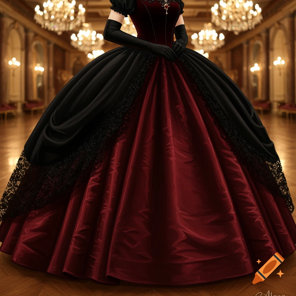 A person wearing a black and dark red ball gown with lace details in a grand ballroom.