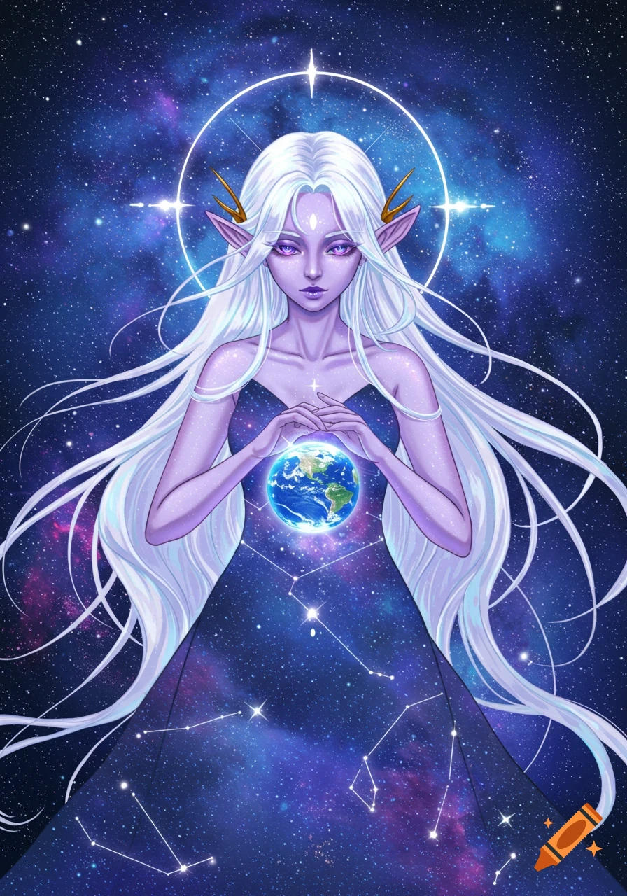 An anime goddess with long white hair and purple eyes holds the Earth against a starry galaxy background.
