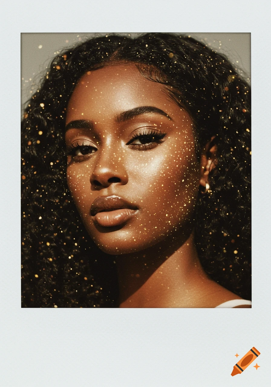 Close-up portrait of a woman with dark skin and curly hair, with golden glitter on her face and hair, presented in a polaroid frame.