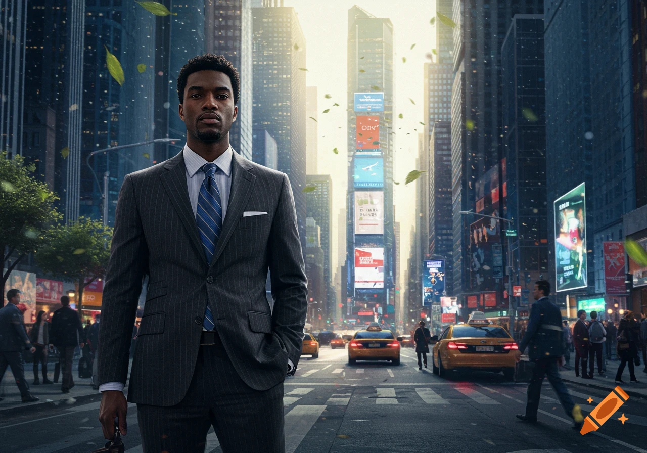 A man in a pinstripe suit stands on a busy city street with tall buildings, illuminated billboards, and taxis, in a photorealistic style.
