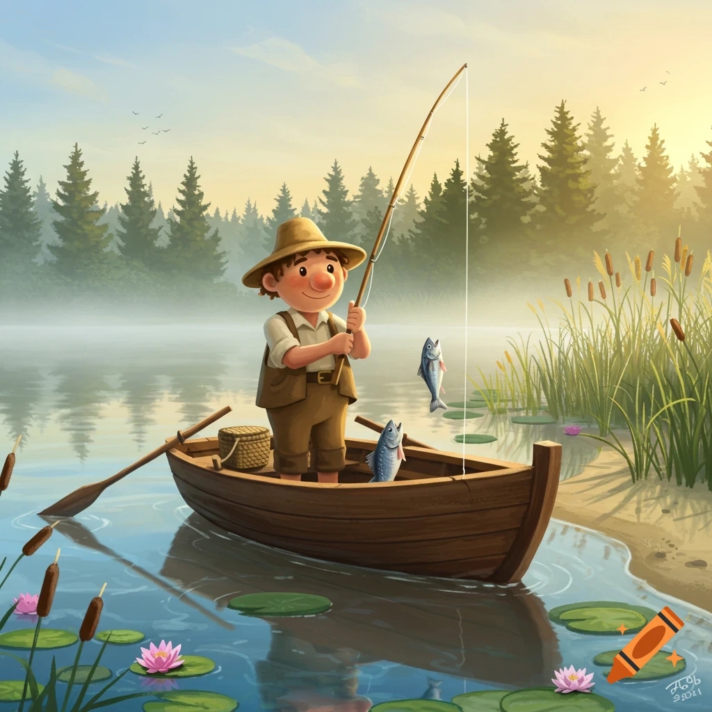 A cartoon man in a boat fishes on a misty lake with pine trees and lily pads in an illustration style.