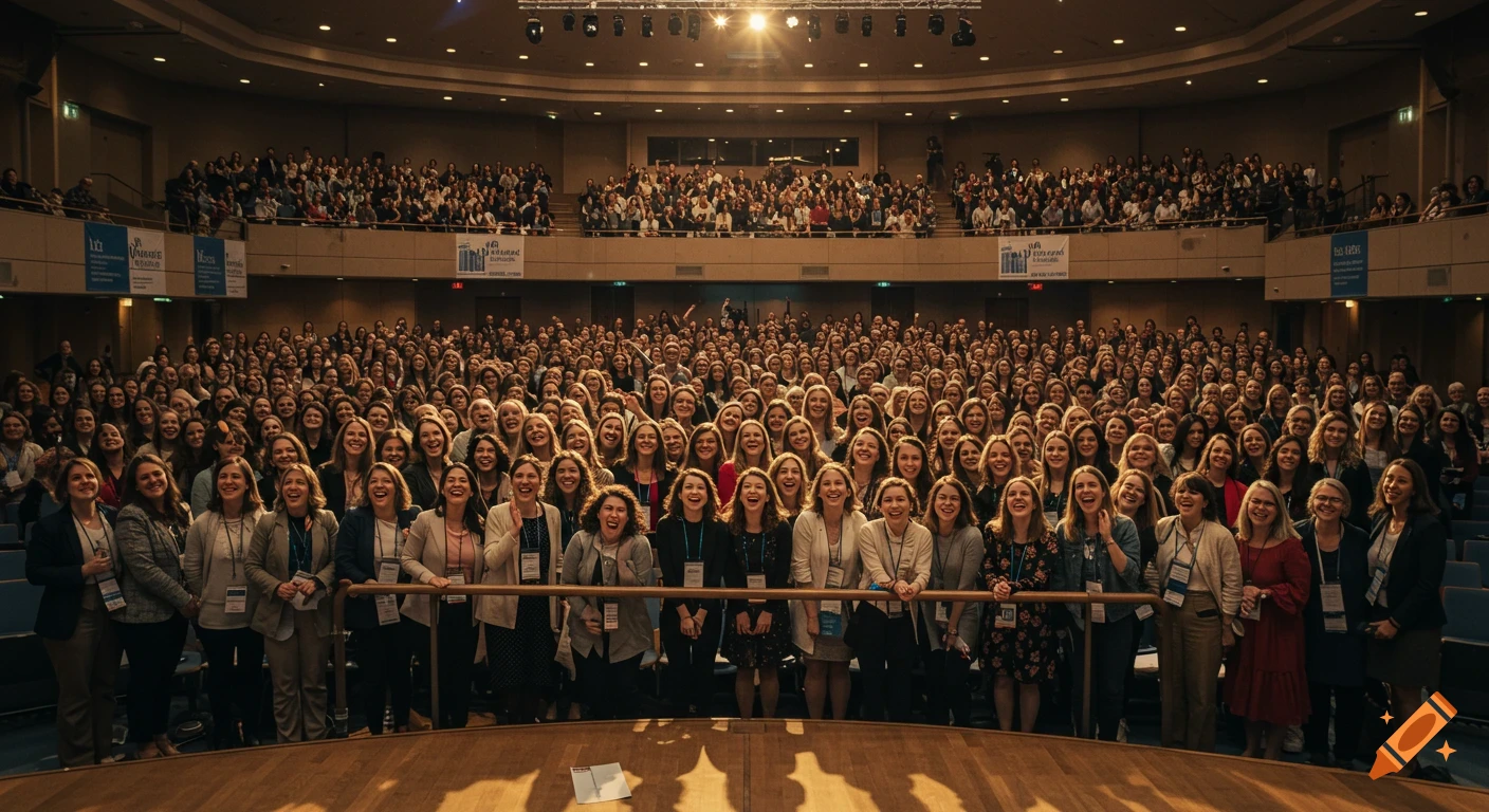 A large group of women stands and laughs in a brightly lit auditorium, some applauding.