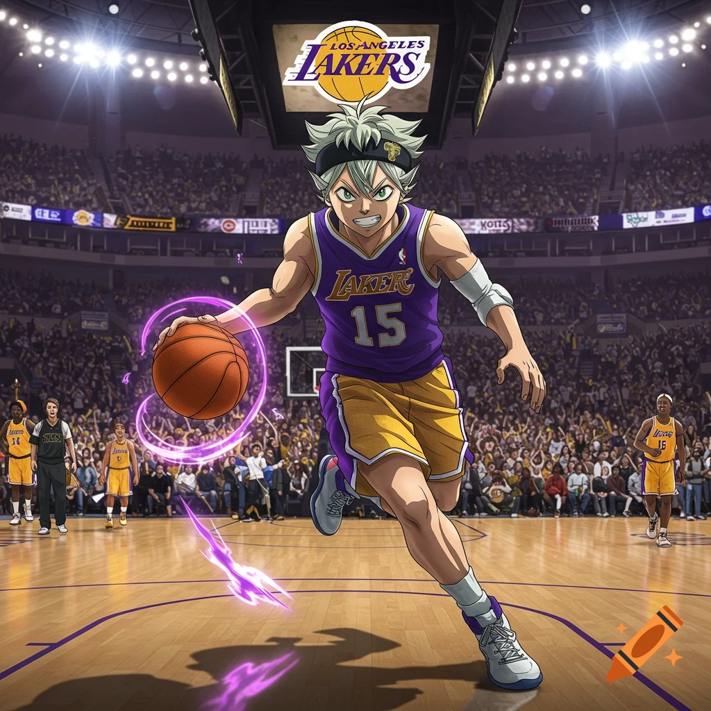 Anime character Asta from Black Clover in a Los Angeles Lakers jersey dribbling a basketball on a court during a game.