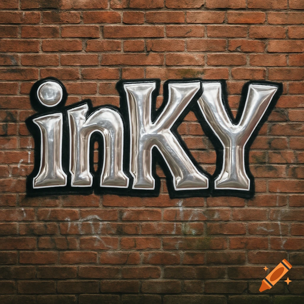 Chrome graffiti letters spelling 'inKY' on a textured red brick wall.