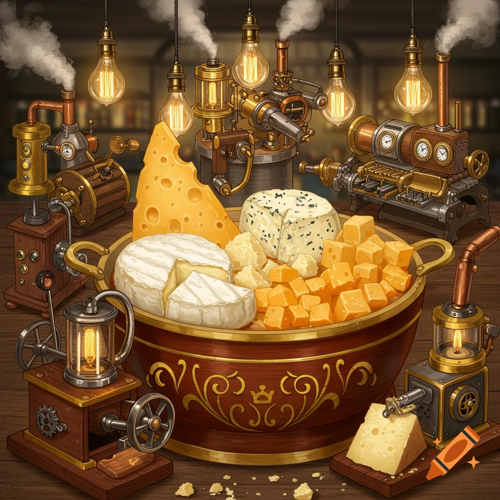 A steampunk-inspired scene with a bowl of various cheeses surrounded by intricate brass and copper machines and glowing light bulbs.